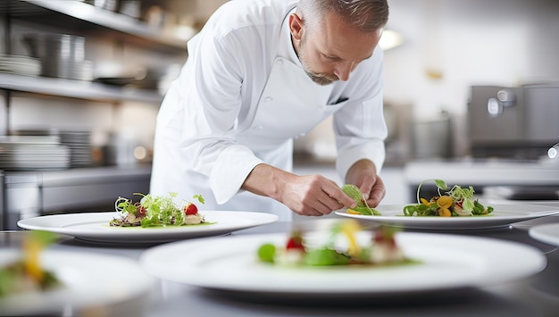 Chef préparant des plats dans la cuisine d'un hôtel ou d'un restaurant moderne