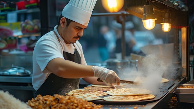 Un chef préparant des quesadillas mexicaines dans un marché de rue.