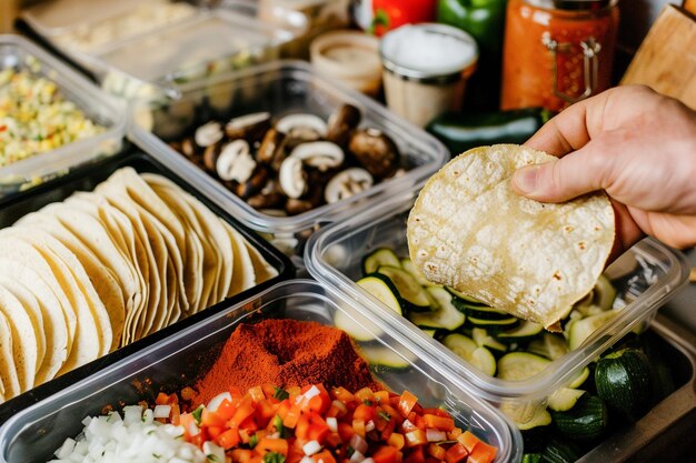 Chef préparant des tacos traditionnels mexicains avec des ingrédients frais dans des récipients dans la cuisine de la maison