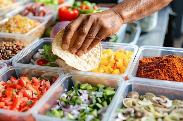 Photo chef préparant des tacos traditionnels mexicains avec des ingrédients frais dans des récipients dans la cuisine de la maison