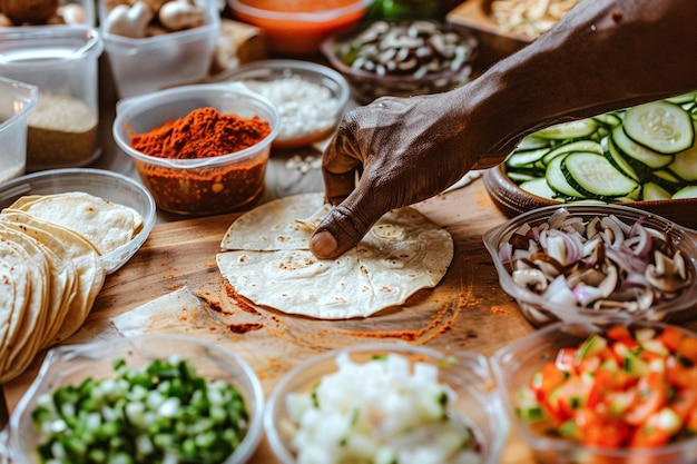 Photo chef préparant des tacos traditionnels mexicains avec des ingrédients frais dans des récipients dans la cuisine de la maison