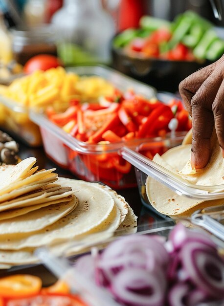 Chef préparant des tacos traditionnels mexicains avec des ingrédients frais dans des récipients dans la cuisine de la maison