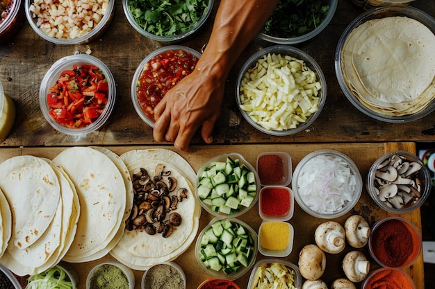 Chef préparant des tacos traditionnels mexicains avec des ingrédients frais dans des récipients dans la cuisine de la maison