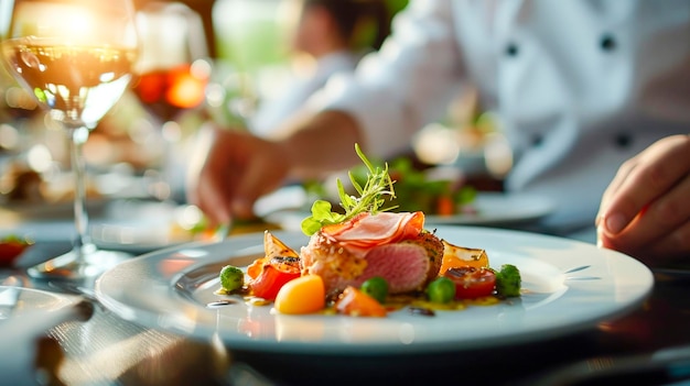 Photo un chef prépare une assiette de nourriture avec une garniture de persil