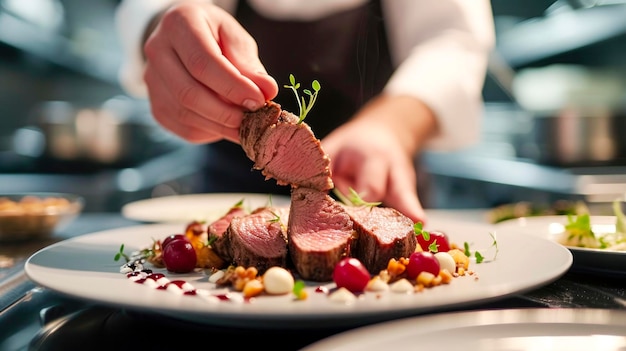 Photo un chef prépare une assiette de nourriture avec une garniture de persil