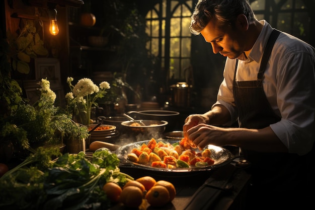 Un chef prépare un délicieux plat sain.