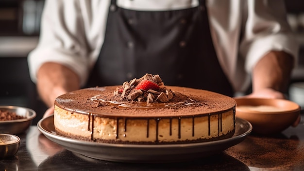 Un chef prépare un gâteau avec du chocolat sur le dessus.