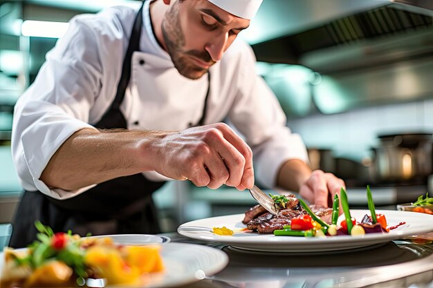 Le chef prépare avec maîtrise un délicieux repas de gourmet