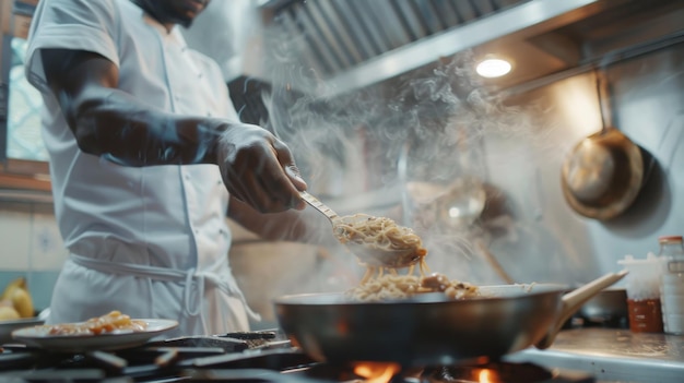 Le chef prépare des nouilles de soja dans la cuisine.