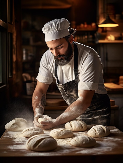 Un chef prépare la pâte à pain dans la cuisine