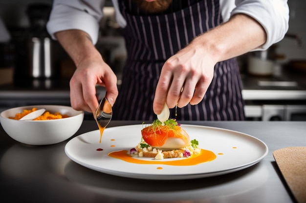 Un chef prépare un plat dans un restaurant.