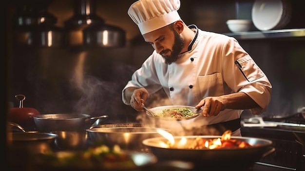 Le chef prépare un plat gastronomique.