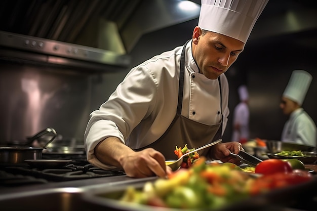 Le chef prépare un plat gastronomique.