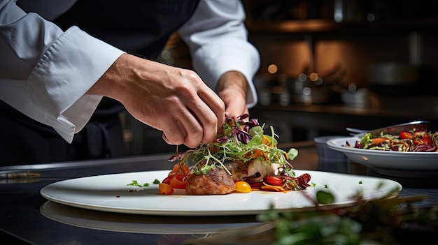 un chef prépare un plat de viande avec des légumes.