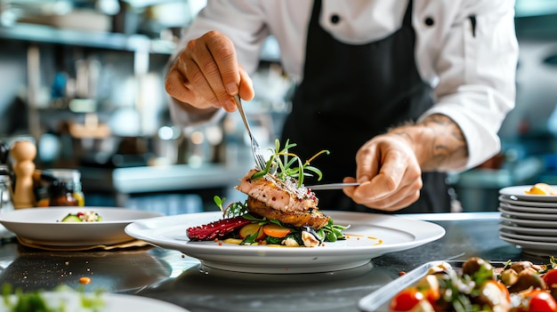 Un chef prépare un repas délicieux dans la cuisine d'un restaurant.