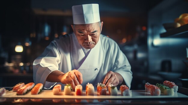 Le chef prépare des rouleaux de sushi dans le restaurant IA générative