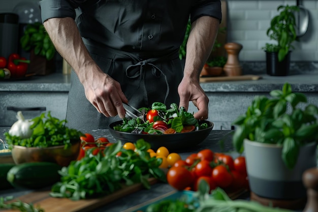 Photo le chef prépare une salade fraîche