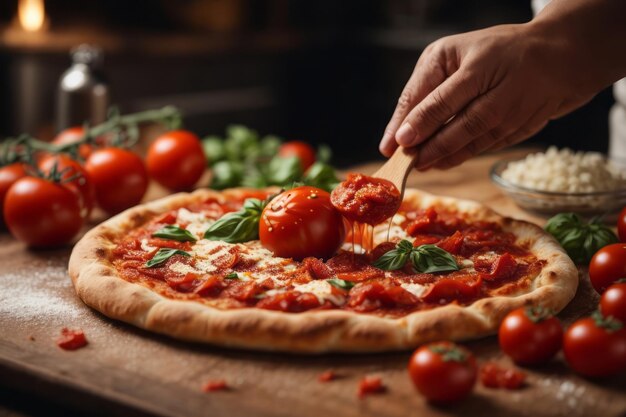 Le chef prépare de la sauce tomate sur la pizza dans la cuisine.