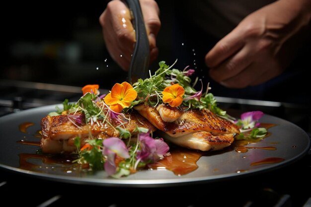 Photo chef preparing panseared skate wing high quality skate fish image photography