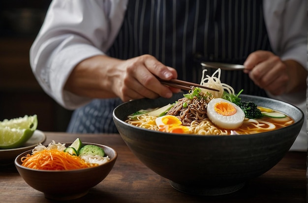 Un chef présentant un bol de ramen magnifiquement plaqué