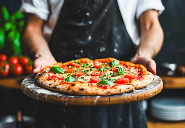 Photo le chef présente une pizza margherita fraîche.