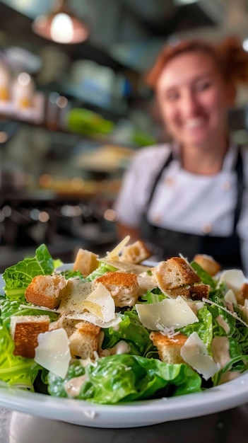 Un chef présente une salade César fraîchement préparée avec de la laitue romaine croustillante et des croutons dorés. Le plat est garni de parmesan rasé accentuant les teintes vertes vibrantes.