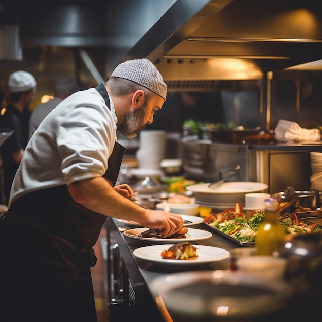 Chef professionnel créant un chef-d'œuvre culinaire dans une cuisine occupée