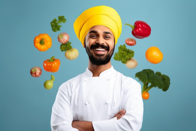 Chef professionnel de cuisine souriant à la caméra avec des légumes volants tout autour de lui sur fond bleu