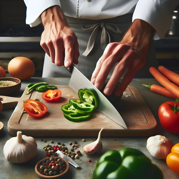 Un chef professionnel découpe avec précision des légumes frais dans une cuisine commerciale