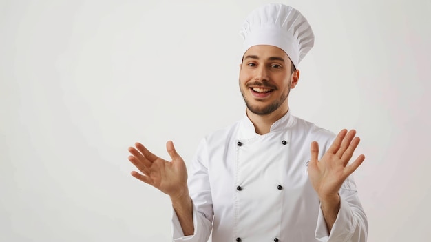 Un chef professionnel heureux présentant quelque chose sur un fond blanc