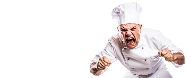 Chef professionnel mâle en colère en uniforme de service à fond blanc isolé