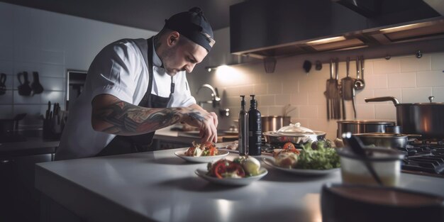 Chef professionnel préparant un repas dans une cuisine AI Genereted