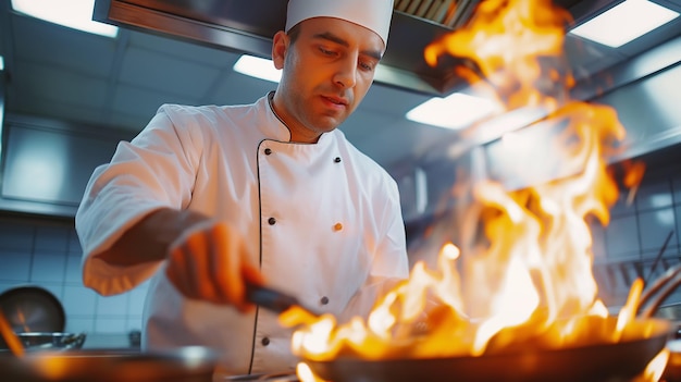 Photo un chef professionnel présentant la technique flaming pan