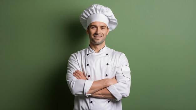 Photo chef professionnel satisfait en uniforme blanc et chapeau de cuisinier debout avec les bras croisés