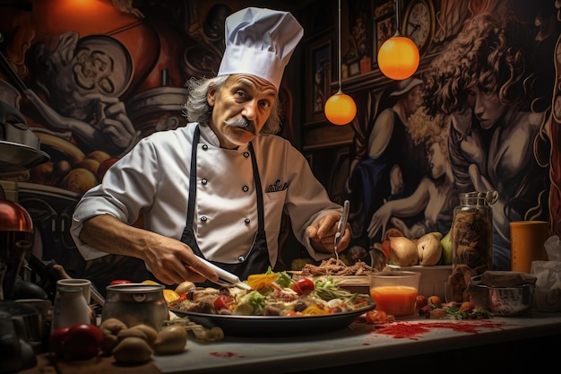 Un chef qualifié portant une toque est occupé à préparer des plats délicieux avec précision et expertise Le chef du restaurant AI Generated