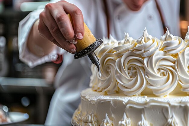 Un chef qui met des tourbillons délicats de glaçage sur un c génératif ai