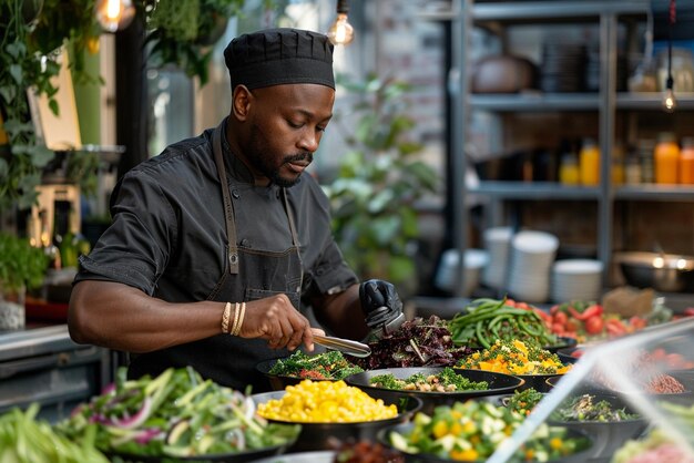 Photo un chef qui prépare une salade.