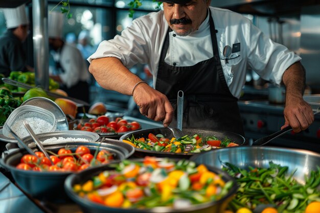 Photo un chef qui prépare une salade.