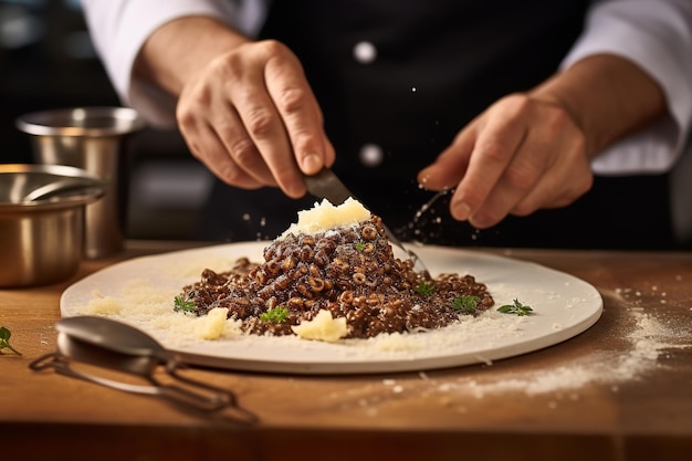 Un chef râpant des truffes fraîches sur un plat de risotto