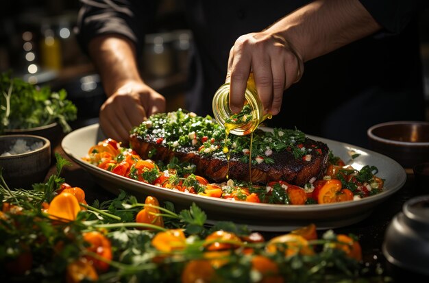 Photo le chef des récoltes sert un délicieux plat dans la cuisine.