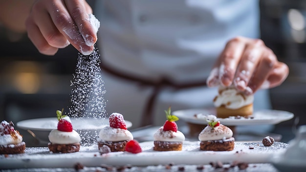 Un chef répand du sucre en poudre sur une assiette de mini-pâtisseries, les pâtisseries sont recouvertes de crème fouettée et de framboises.