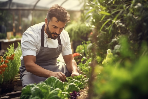 Chef de restaurant dans le potager cueillant des herbes thym romarin pour lui restaurant IA générative