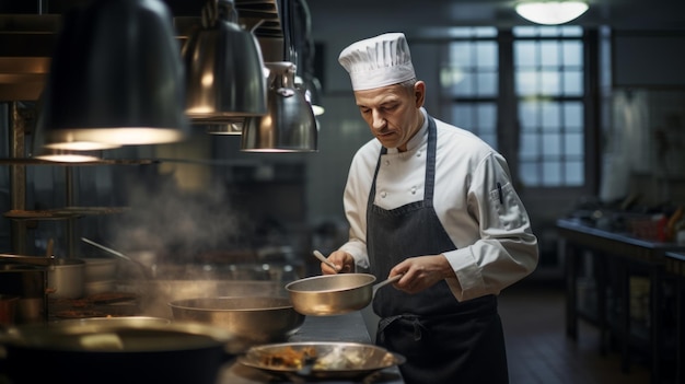 Un chef de restaurant se tient dans la cuisine