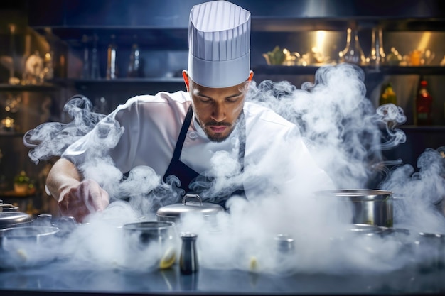 Chef de restaurant utilisant une technique de cuisson fumante