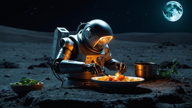 Photo un chef robot cuisinant un repas de trois plats sur la lune