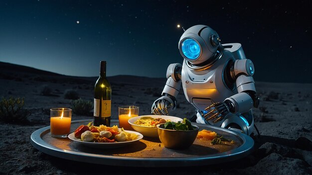 Photo un chef robot cuisinant un repas de trois plats sur la lune