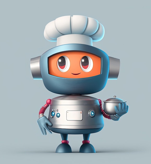 Chef robot mignon debout tenant un pot sur fond gris clair illustration 3D