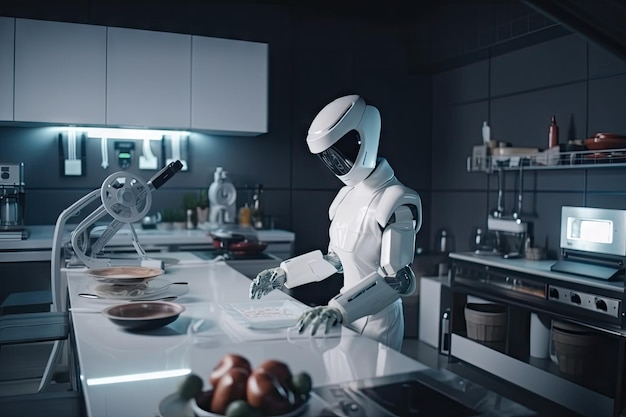 Chef robot préparant un délicieux repas dans une cuisine moderne créée avec une IA générative