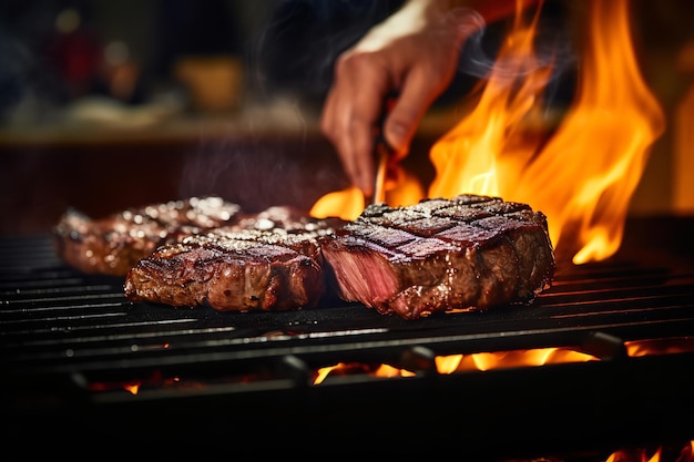 Un chef saisissant un steak sur un grill à flamme nue