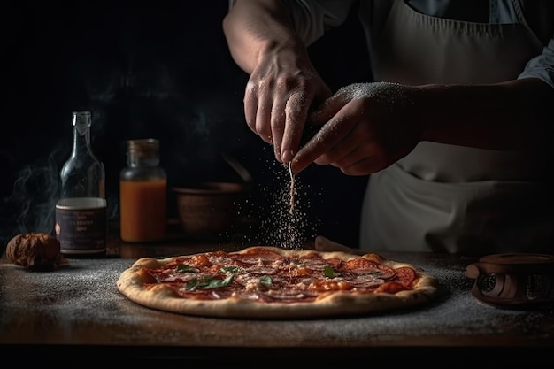 Chef saupoudrant de pizza au pepperoni sur une table en bois dans une pièce sombre Dans une vue rapprochée, les mains d'un chef assemblent habilement un délicieux